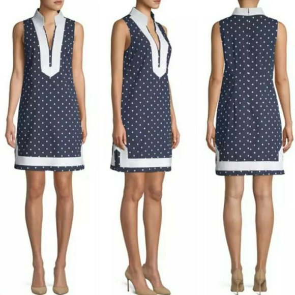 Eliza J Cotton Polka Dots Shift Dress Blue White Side Slits Preppy Vacation 2